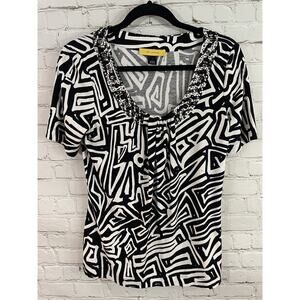 ST JOHN Women's Top Short Sleeve Knit Blouse Size S Black White Bead Embellished